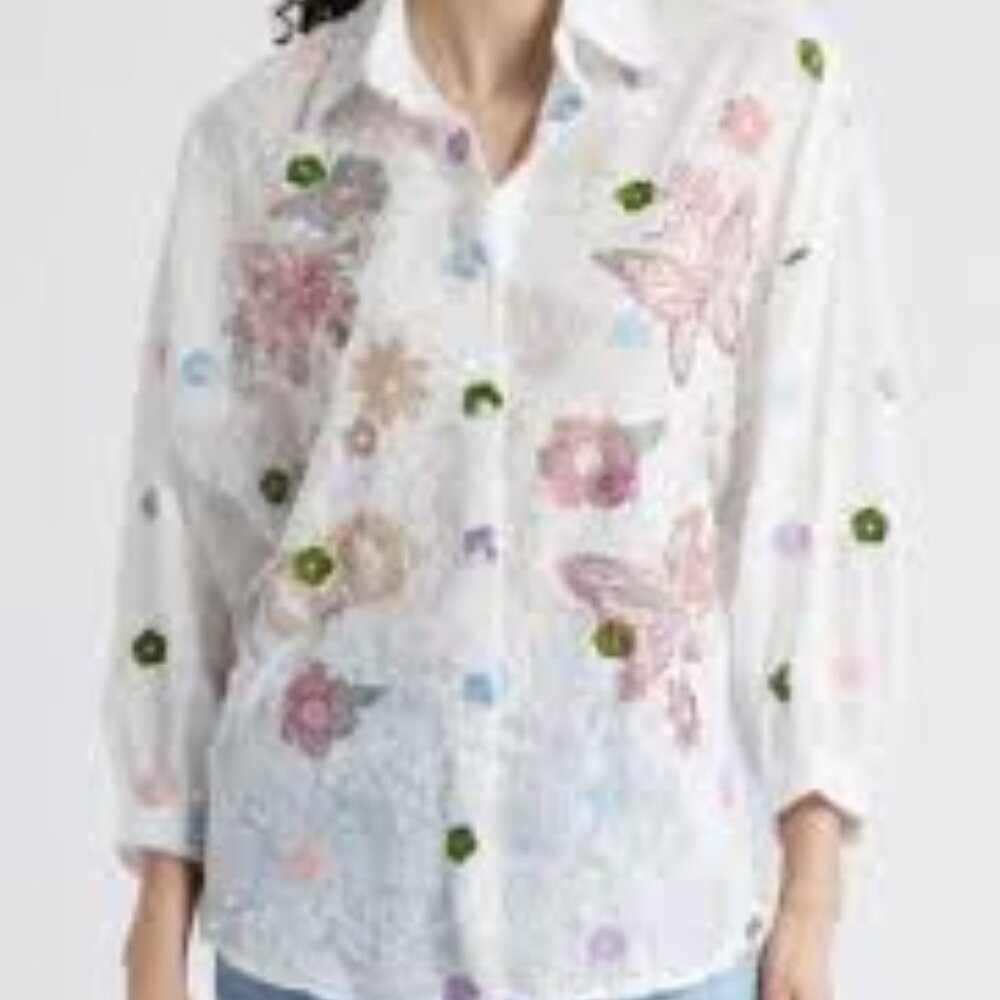 Nikki Lund Emma Embellished Semisheer Button Up Shirt Sparkle Embroidered size L